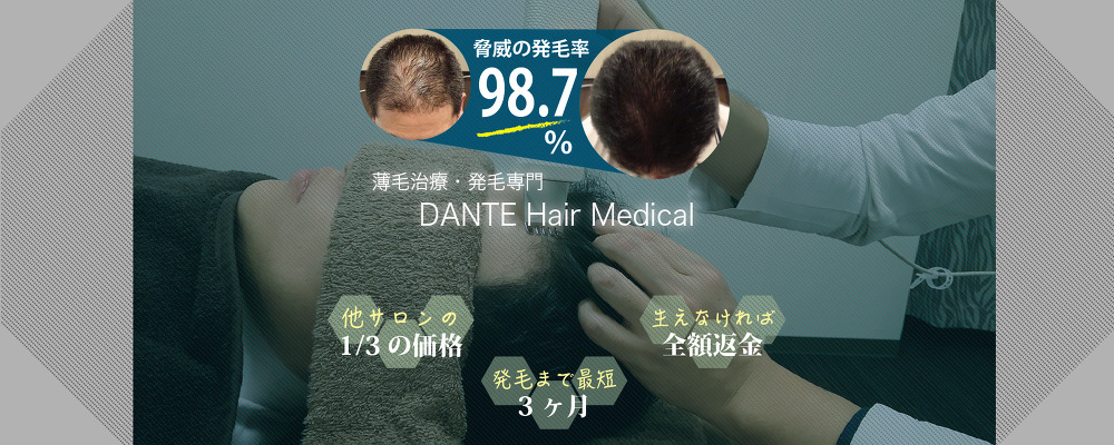 広島で薄毛やAGA・抜け毛にお悩みの男性は、”発毛率98.7％”のスーパースカルプ発毛採用店のDANTEへ！